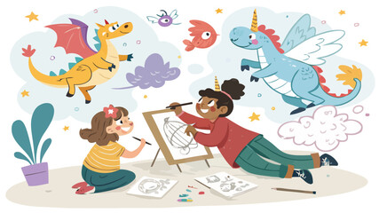 Creative children with depicts two young children enthusiastically painting whimsical airy studio filled imagination playful energy colorful fantasy creatures bright © Khawaja Areesha