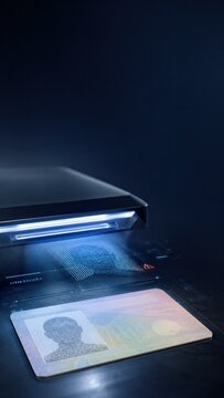 Passport scanned by digital identity reader, biometric border control concept for travel security with copy space