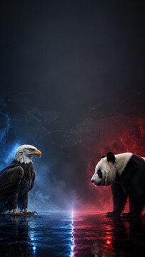 Bald eagle and panda facing each other, US China rivalry concept for geopolitical communication with copy space