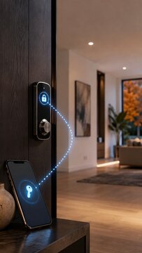 Smartphone unlocking digital door lock in modern home, keyless security concept for home automation with copy space