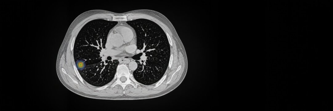 Chest CT scan with highlighted lung nodule, early lung cancer detection concept for medical diagnostics website banner