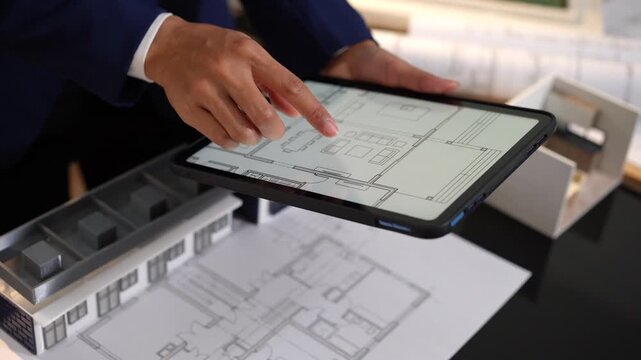 Close view of an architect using a tablet over house plans and a scale model in a modern office, showing digital design, planning, and real estate work.