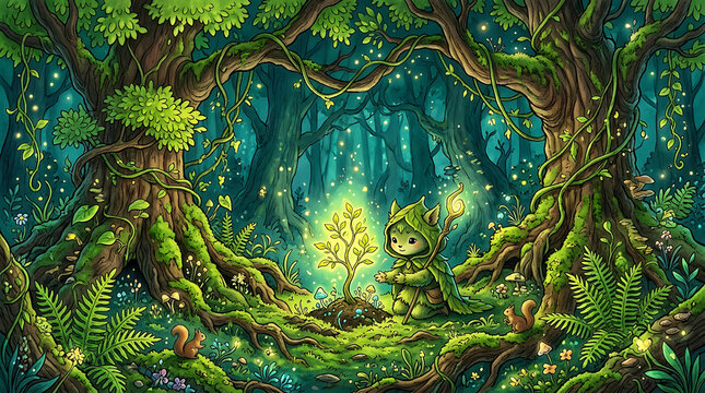 Enchanted forest guardian nurturing a glowing magical sapling in a lush whimsical woodland with fireflies