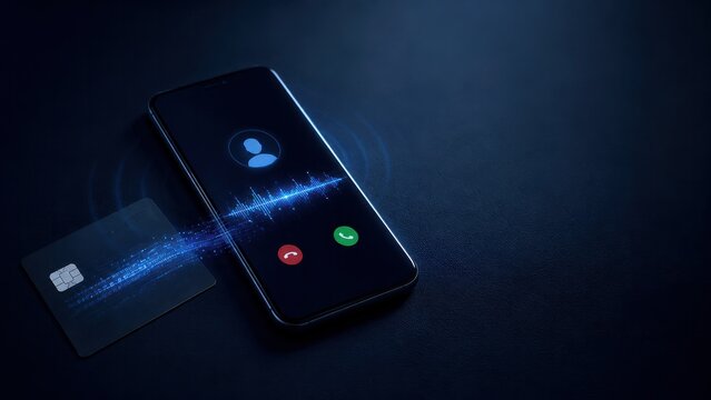 Incoming smartphone call beside payment card, phone scam and banking fraud concept for cybersecurity website banner
