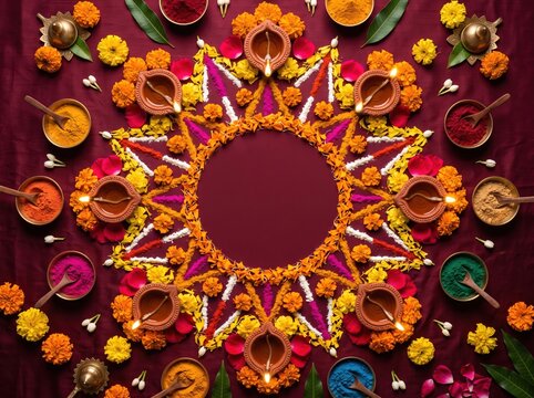 Colorful diwali floral rangoli flatlay with clay diyas and marigold petals for festival background and banner design