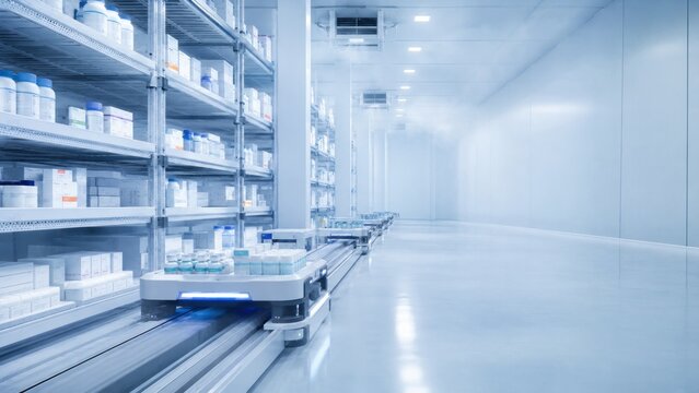 Automated pharmaceutical warehouse with mobile robots, smart medical logistics concept for efficient distribution