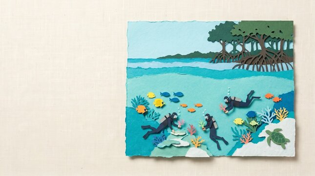 Paper cut style illustration of divers exploring a vibrant mangrove reef underwater.