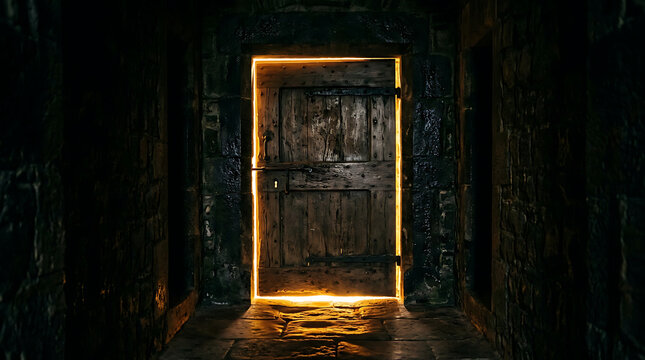 Mysterious Old Wooden Door with Glowing Warm Light Shining From Behind in Dark Stone Dungeon Hallway