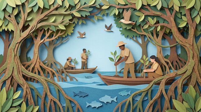3D paper cut illustration of people planting mangrove trees in a coastal ecosystem.