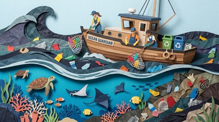 Naklejka premium Handmade papercraft artwork depicting an ocean cleanup mission with a ship collecting plastic waste from the sea.