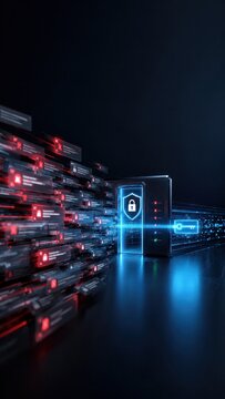 Digital firewall gateway blocks malicious data stream, cybersecurity access control concept with copy space