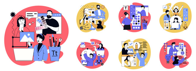 Graphic web design in flat concepts set. People working on website and making templates, finding creative ideas for project, coding and programming, drawing digital content. Vector illustrations.