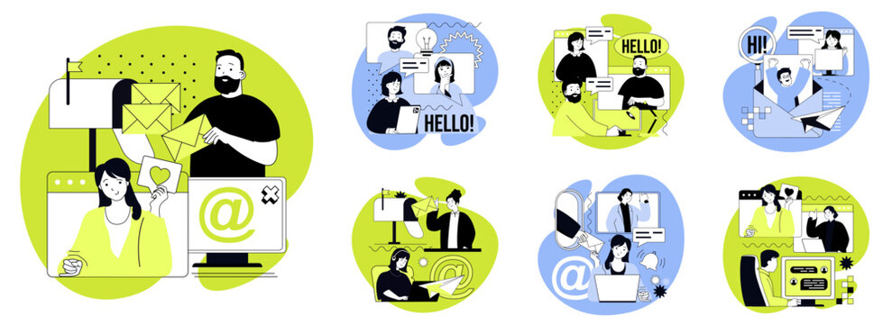 Email marketing flat concepts set for web design. People receiving messages and digital letters with advertising, business connecting with targeting audience with ad campaign. Vector illustrations.