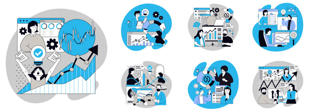 Business statistics flat concepts set for web design. People making research for financial planning, doing reports with performances, working with graphs, diagrams and charts. Vector illustrations.