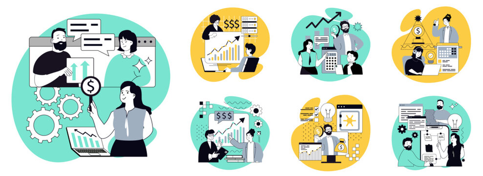 Business technology flat concepts set for web design. People analyzing finance data, planning project strategy, investing and earning money, meeting online and brainstorming. Vector illustrations.