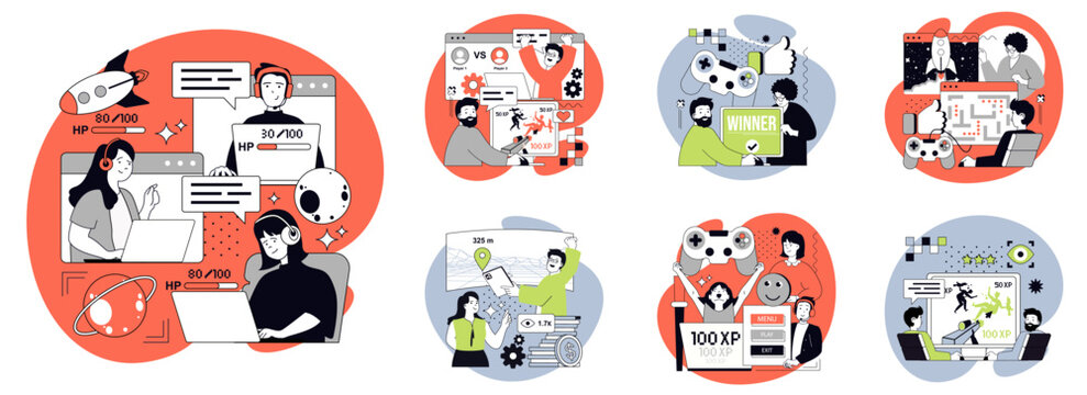 E-sport and video game flat concepts set for web design. People playing video games online in team, streaming gaming, cyber players winning cybersport virtual competition. Vector illustrations.