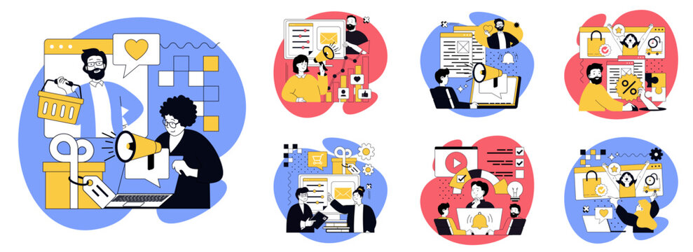 Digital marketing flat concepts set for web design. People making internet advertising and commerce mailing, online promotion for attracting clients, offering bonuses and gifts. Vector illustrations.