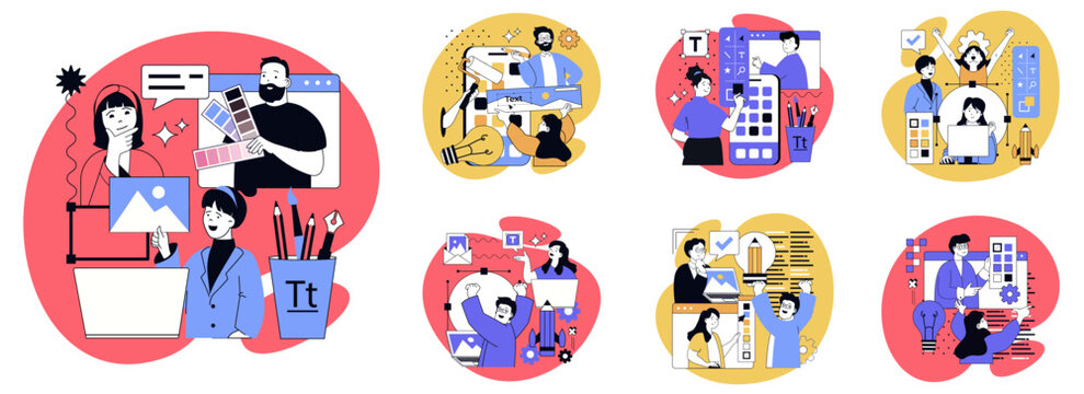 Graphic web design in flat concepts set. People working on website and making templates, finding creative ideas for project, coding and programming, drawing digital content. Vector illustrations.