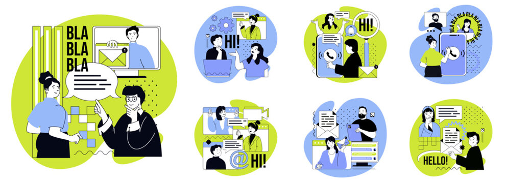 Lets talk flat concepts set for web design. People communicating to each other, sending emails and messages, chatting in virtual groups and communities, calling friends by video. Vector illustrations.