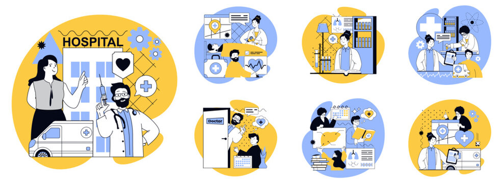 Healthcare and medical flat concepts set for web design. People working in hospital and ambulance, patients get treatments in wards, doctors making diagnosis and consultations. Vector illustrations.