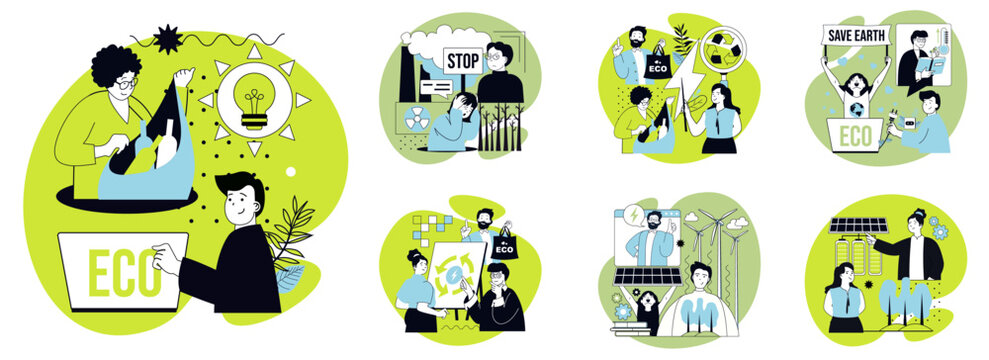 Nature and ecology flat concepts set for web design. People recycling trash, stopping toxic pollution, using green alternative energy, save planet and protecting forests. Vector illustrations.