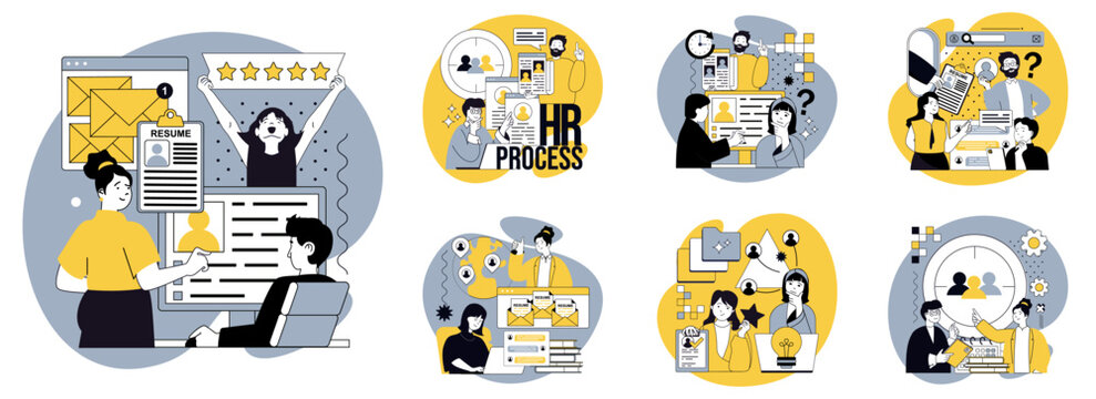 Human resources flat concepts set for web design. People searching best cv and interviewing candidates online, headhunters researching resume and selecting applicants in office. Vector illustrations.