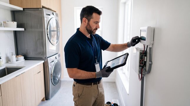 home inspector hvac smart technology property inspection maintenance energy system technician examines a connected climate control unit in a residential utility room while documenting system condition