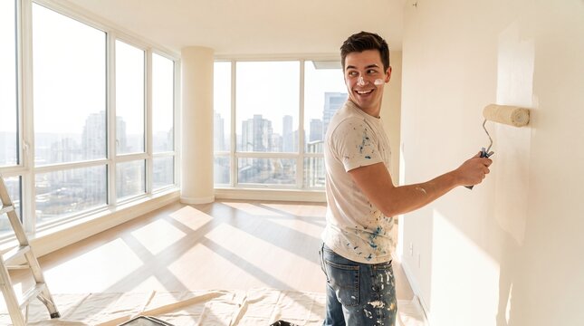apartment renovation painting wall home improvement man diy interior remodeling smiling resident uses a paint roller inside a bright empty city residence during a hands on makeover project