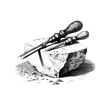 Detailed vintage illustration of a carved stone fragment with two different sculpting chisels resting on top, depicting the process of stone masonry and artistic carving