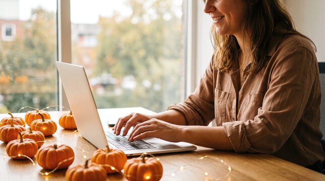Typing at Desk Decorate with Mini Pumpkins and Fairy Lights
