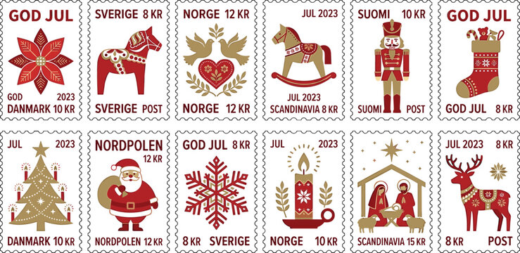 Scandinavian Christmas postage stamp vector set with nordic folk art santa reindeer nutcracker nativity illustrations
