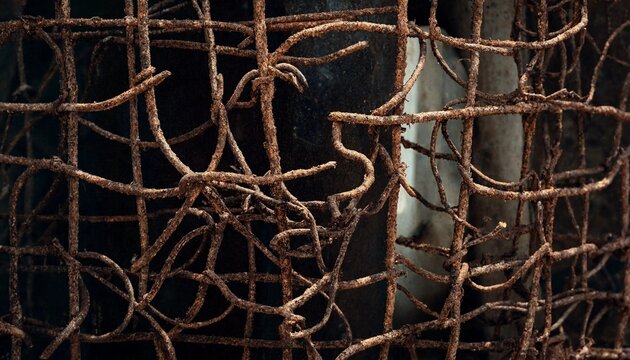 Closeup of weathered rusty iron metal mesh fence with abstract tangled wire texture