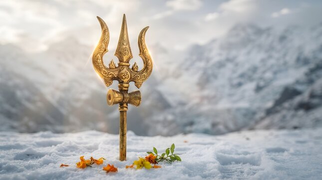 Golden trident resting in snow