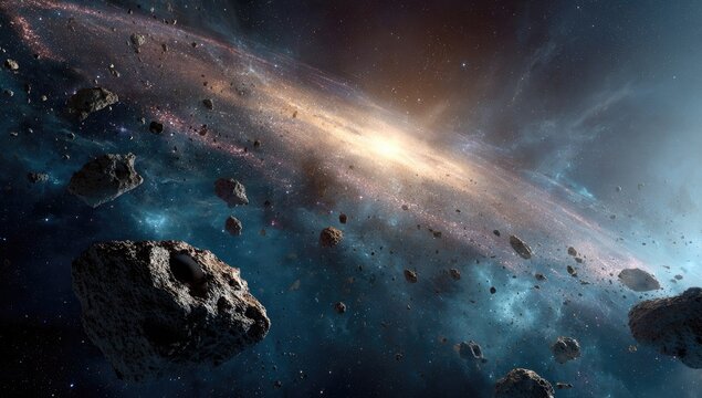 Distant luminous galaxy with surrounding asteroid field in deep space, blue nebulae