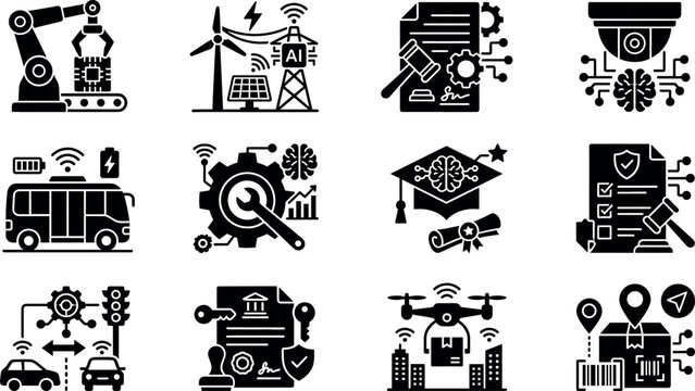 Smart city and artificial intelligence regulation black icon set with drone robot legal energy tech symbols