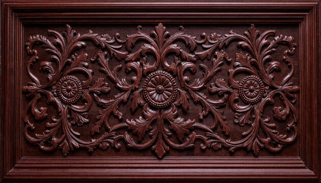 Elaborate rectangular dark wood panel with intricate handcarved floral acanthus leaf scrollwork patterns