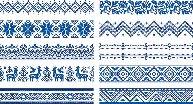 Traditional blue ethnic geometric and floral border seamless pattern vector illustration set for porcelain pottery ribbon trim design