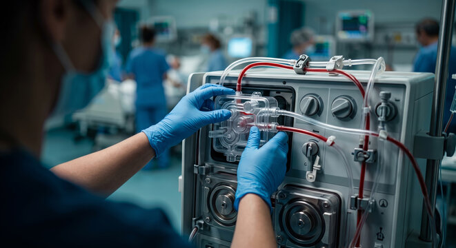 Health professional adjusting tubing on dialysis machine inside modern renal care ward.