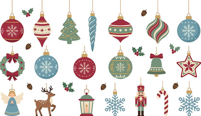 Naklejka premium Vintage Christmas ornament and holiday bauble flat vector clip art collection featuring nutcracker snowflake reindeer tree and lantern decorations.
