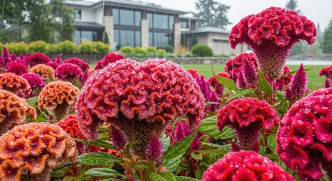 vibrant pink and orange celosia flowers in garden