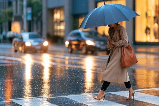 Urban documentary of woman with dark umbrella crossing wet street in rain at night