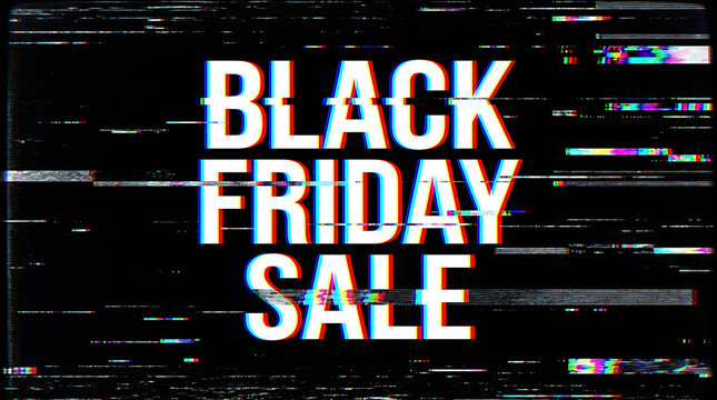 Black Friday Sale text with digital glitch effect on dark background for retail promotion.