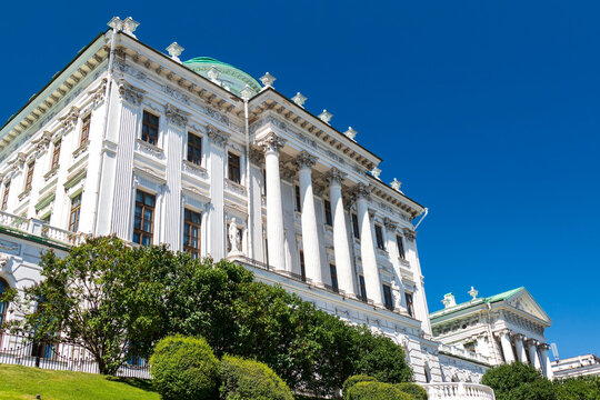 Facade of vintage Pashkov house in Vozdvizhenka street, center of Moscow, Russia. Sunny summer day