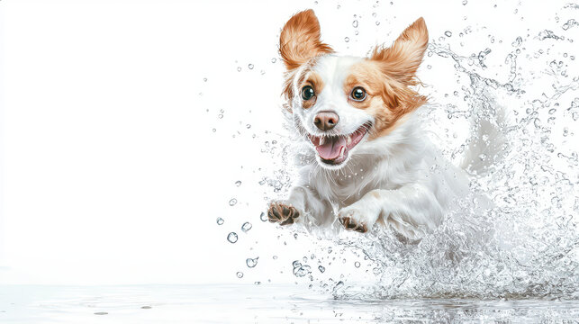 Joyful dog splashes through water, showcasing its playful nature and energy. scene captures excitement of fun moment