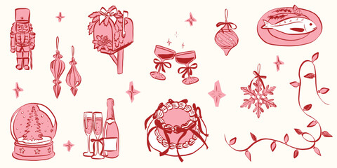 Naklejka premium Retro doodles of Christmas party. Vintage new year icons dinner meals in chalk and crayon drawing. Xmas party elements for poster and greeting cards. Hand drawn holiday vector illustration