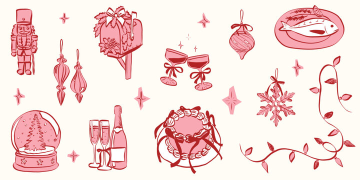 Retro doodles of Christmas party. Vintage new year icons dinner meals in chalk and crayon drawing. Xmas party elements for poster and greeting cards. Hand drawn holiday vector illustration