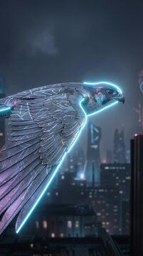 Digitally enhanced bird flying over cityscape at night