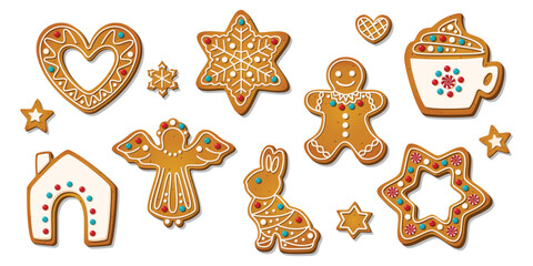 Fototapeta premium Christmas Gingerbread cookies for xmas celebration. Winter homemade biscuits with sweet icing details in festive shapes isolated on white background. Festive ornament vector illustration