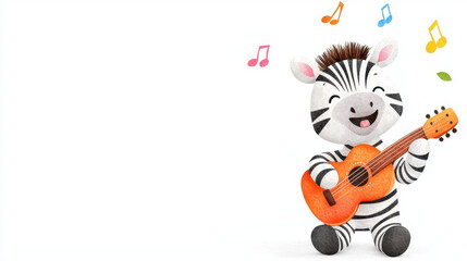Naklejka premium Cheerful cartoon zebra playing guitar with musical notes around, creating joyful atmosphere