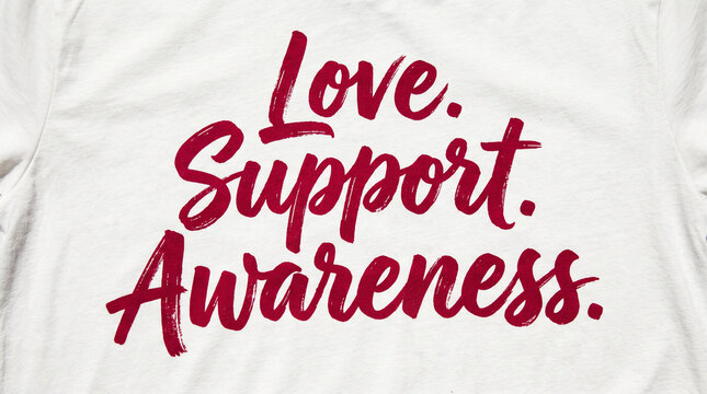 Red text printed on a white fabric surface reading love support awareness in script font with cotton fabric background words love red brush typography with lettering